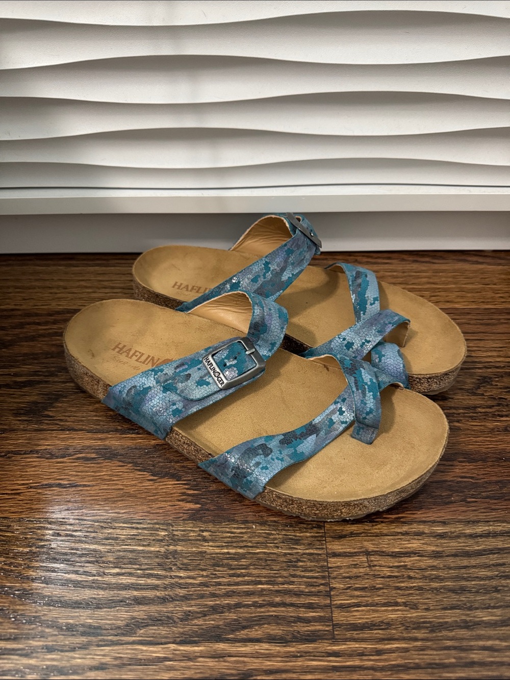 Haflinger Juno Blue Camo Buckle Slide Cork Sandals